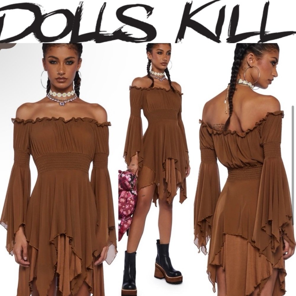 NWT Dolls Kill MUSICAL ODYSSEY MINI DRESS - BROWN CURRENT MOOD XS - Picture 15 of 15